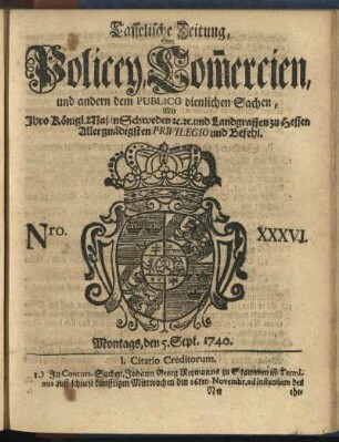 Nro. XXXVI, Montags, den 5. Sept. 1740