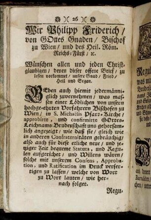 Wir Philipp Friderich, von Gottes Gnaden, Bischof zu Wien, und des heil. Röm. Reichs-Fürst [...]