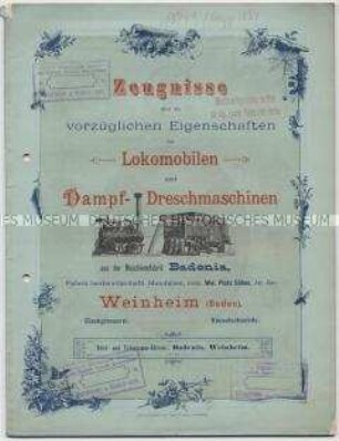 Zeugnisse über die vorzüglichen Eigenschaften der Lokomobilen und Dampf-Dreschmaschinen