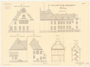 Amtsgericht mit Gefängnis, Plettenberg: Aufriss (des Vordergebäudes) Nordansicht, Südansicht, Ostansicht, Westansicht, Querschnitt 1:100