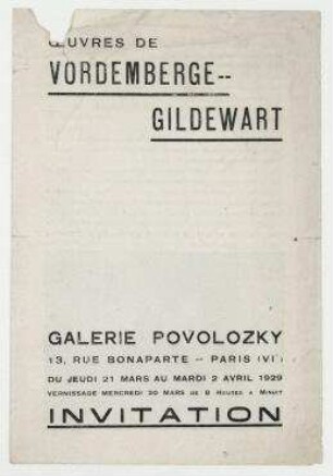 Œuvres de Vordemberge-Gildewart. Paris. Einladung zur Ausstellung der Werke von Friedrich Vordemberge-Gildewart in der Galerie Povolozky, 21. März bis 2. April 1929
