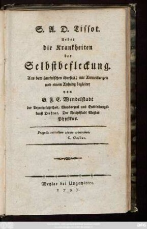 S. A. D. Tissot. Ueber die Krankheiten der Selbstbefleckung