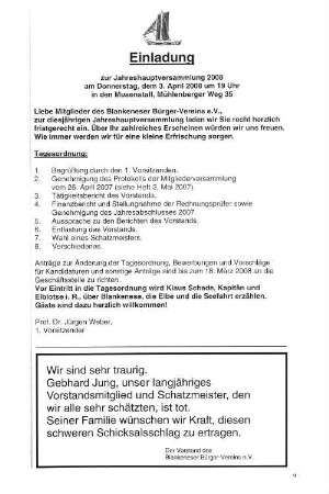 Einladung zur Jahreshauptversammlung 2008 am Donnerstag, dem 3. April 2008 um 19 Uhr in den Musenstall, Mühlenberger Weg 35
