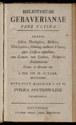 3: Sistens Libros Theologicos, Medicos, Philosophicos, Philolog. auctores Veteres ... A Die XVI. M. Octobr. MDCCLXXIIII. ... Pvblica Avctionis Lege Vendendos