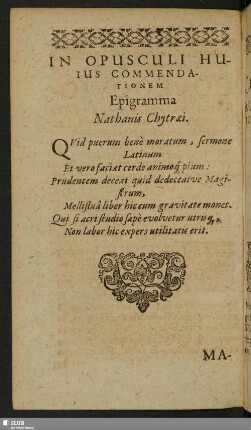 In Opusculi Huius Commendationem Epigramma Nathanis Chytraei