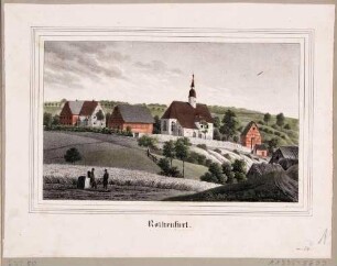 Das Dorf Rothenfurth (Großschirma) an der Freiberger Mulde nördlich von Freiberg in Sachsen, aus Sachsens Kirchen-Galerie von Hermann Schmidt, 1838 Bd. 2