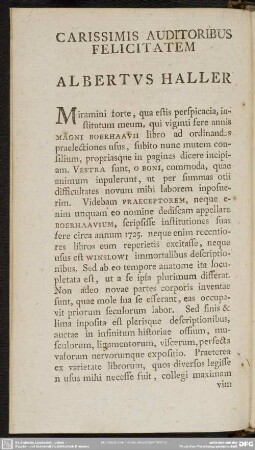 Carissimus Auditoribus Felicitatem Albertus Haller