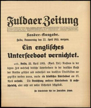 Erste Ausgabe vom Donnerstag, den 22. April 1915.