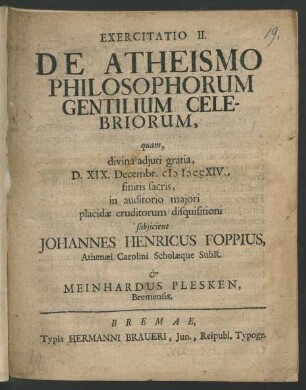 Exercitatio II. De Atheismo Philosophorum Gentilium Celebriorum