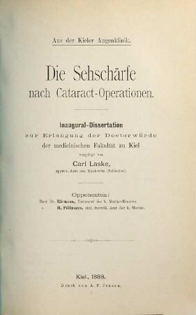 Die Sehschärfe nach Cataract-Operationen : Aus der Kieler Augenklinik. Inaug. Diss.