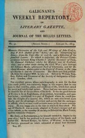 Galignani's weekly repertory or literary gazette and journal of the belles lettres, 4. 1819