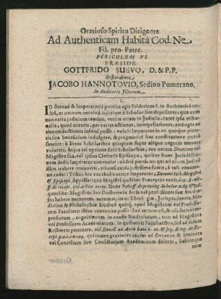 Gratioso Spiritu Dirigente Ad Authenticam Habita Cod. Ne Fil. pro Patre. Periculum VI. Praeside Gottfrido Suevo ... Respondente Jacobo Hannotovio ...