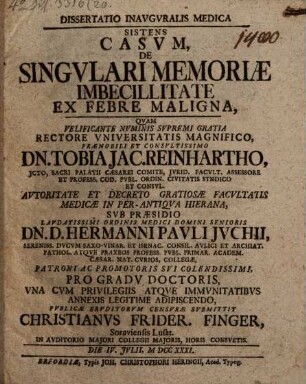 Diss. ... sistens casum de singulari memoriae imbecillitate ex febre maligna