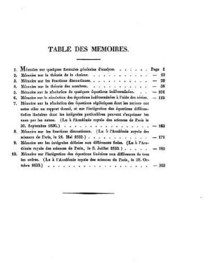 Table des Memoires.