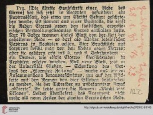 Die älteste Handschrift einer Rede des Cicero, Ztgsausschn. aus: Heidelberger Tagblatt Nr. 23, 28.1.1931 (Cicero: Verres-Hs. (Frg.); Gießen: Univ.: Cicero: Verres-Hs.)