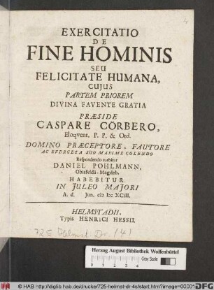 Exercitatio De Fine Hominis Seu Felicitate Humana