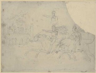 Zu Goethes "Faust": Blatt 24 (27): Faust und Mephisto auf Pferden an der Hexenzunft vorbeireitend