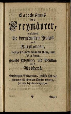 Catechismus der Freymäurer [...]