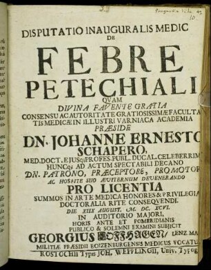 Disputatio Inauguralis Medic De Febre Petechiali