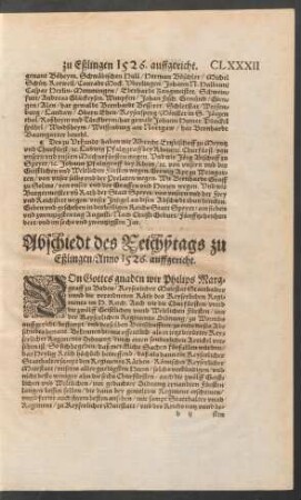 Abschiedt des Reichßtags zu Eßlingen/ Anno 1526. auffgericht.
