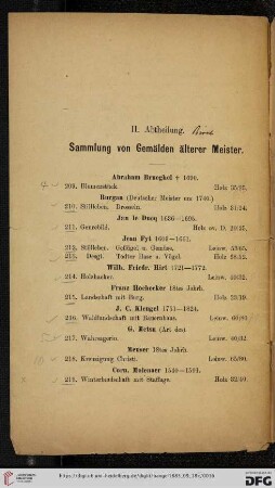II. Abtheilung: Sammlung von Gemälden älterer Meister (Nr. 209 - 281)