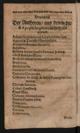 Verzeichniß Der Authoren/ aus denen diese Apophthegmata mehrtheils gezogen.