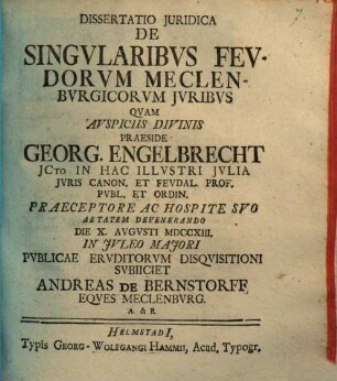 Dissertatio Juridica De Singvlaribvs Fevdorvm Meclenbvrgicorvm Jvribvs