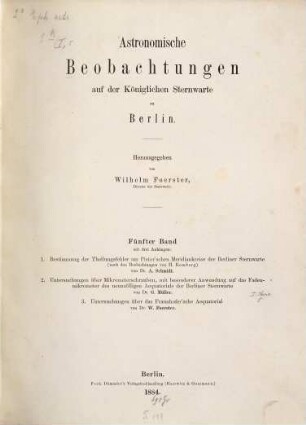 Astronomische Beobachtungen auf der Kgl. Sternwarte zu Berlin. 5. 1884