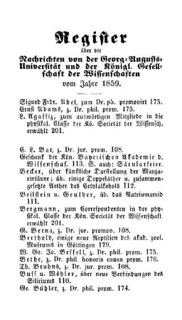 Register über die Nachrichten von der Georg=Augusts=Universität und der Königl. Gesellschaft der Wissenschaften vom Jahre 1859.