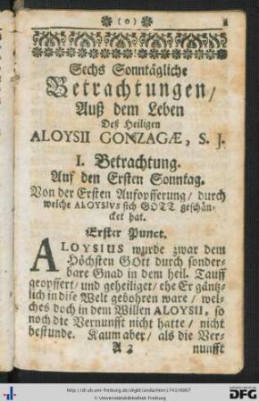 Sechs Sonntägliche Betrachtungen, Auß dem Leben Deß Heiligen Aloysii Gonzagae, S. J.
