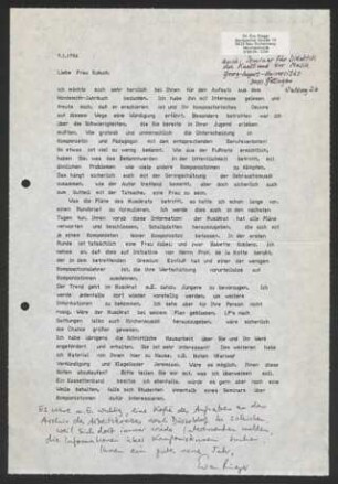 Brief: Eva Rieger an Felicitas Kukuck, 09.01.1986
