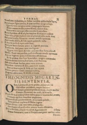 Theognidis Megarensis Sententiae.