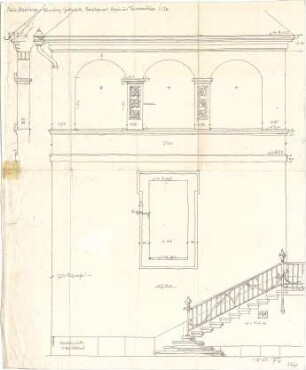 Fischer, Theodor; Nürnberg; Haus Adelsberger - Gartenseite - Hauptgesims, Loggia u. Terrassentreppe (Ansicht, Detail)