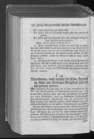 F 14. Verordnung, nach welcher der Char=Freytag im Amte und Städtgen Bergedorf jährlich soll gefeyert werden.