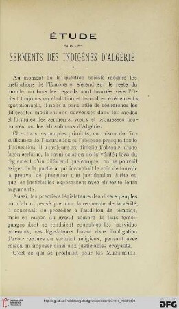 Sér. 5: Études sur les serments des indigènes d'Algérie