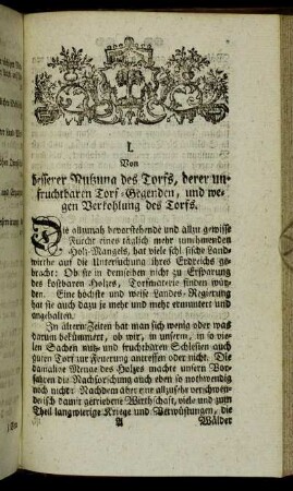I. Von besserer Nutzung des Torfs, derer unfruchtbaren Torf-Gegenden, und wegen Verkohlung des Torfs.