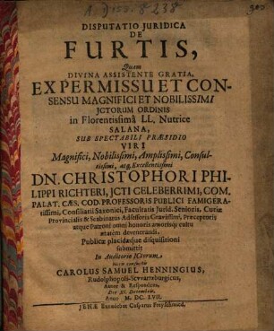 Disputatio Iuridica De Furtis
