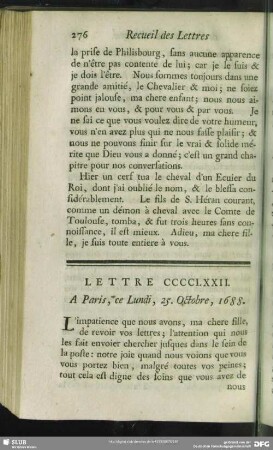 Lettre CCCCLXXII. A Paris, ce Lundi, 25. Octobre, 1688