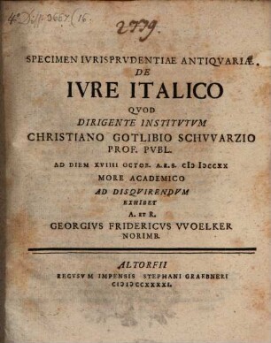 Specimen iurisprudentiae antiquariae de iure italico