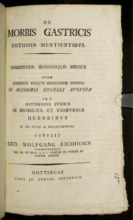 De Morbis Gastricis Phthisin Mentientibus : Dissertatio Inauguralis Medica