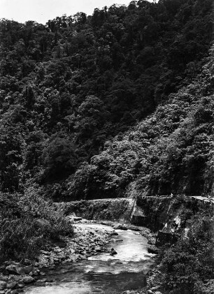 Schlucht : Schlucht auf Sumatra. Eine Straße führt am Fluss entlang. Die Hänge sind dicht bewachsen.