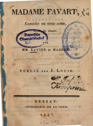 Madame Favart : comédie en trois actes, mêlée de chants