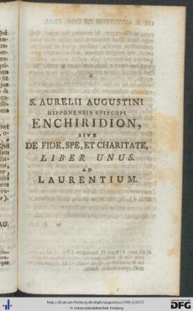 Enchiridion Sive De Fide, Spe Et Charitate, Liber Unus. Ad Laurentium.