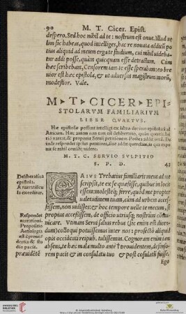 M T Ciceronis Epistolarum Familiarium Liber Quartus