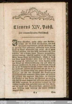 Clemens XIV. Pabst. Zur immerwährenden Gedächtniß.