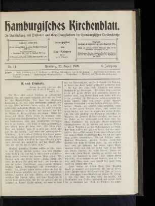 Hamburgisches Kirchenblatt. Nr. 34. Hamburg, 22. August 1909. 6. Jahrgang.