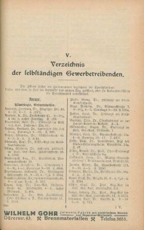 V. Verzeichnis der selbständigen Gewerbetreibenden