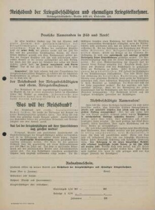 Deutsche Kameraden in Süd und Nord! In allen deutschen Landen regt sich das Streben nach neuen Formen des Zusammenschlusses der Kriegsbeschädigten und ehemaligen Kriegsteilnehmer ...