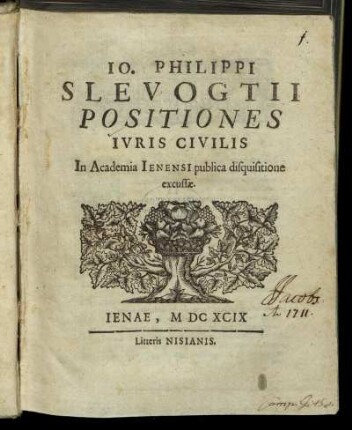 Jo. Philippi Slevogtii Positiones Iuris Civilis In Academia Ienensi publica disquisitione excussae