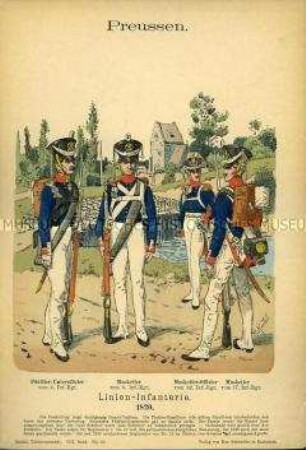 Uniformdarstellung, Füsilier-Unteroffizier, Musketiere und Musketier-Offizier der Linien-Infanterie, Königreich Preußen, 1820.